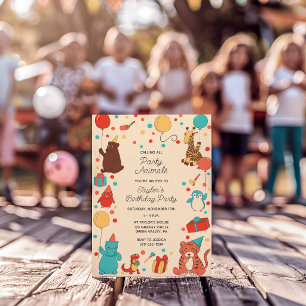 Invitación Animales de fiesta y confeti Cumpleaños personaliz