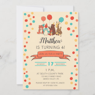 Invitación Animales de Fiesta y Lunares Cumpleaños de Niños