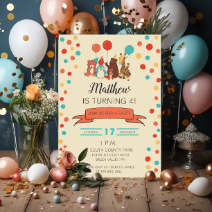 Invitación Animales de Fiesta y Lunares Cumpleaños de Niños