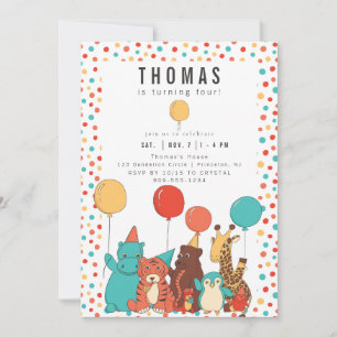 Invitación Animales de Fiesta y Lunares Cumpleaños Personaliz