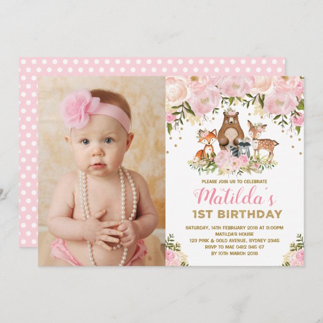 Invitación Animales de Girly Woodland 1er cumpleaños Floral r (Anverso / Reverso)