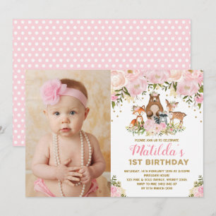 Invitación Animales de Girly Woodland 1er cumpleaños Floral r