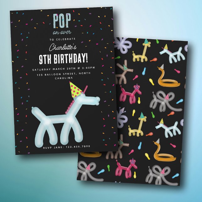 Invitación Animales de Globo Unicornio Tema de Fiesta de Cump (Balloon Animals Unicorn Kids Birthday Party Theme Invitation)