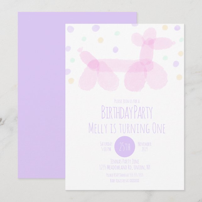 Invitación Animales de Globos de Cumpleaños Morado Rosa Paste (Anverso / Reverso)