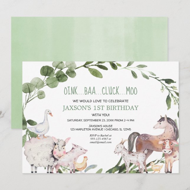 Invitación Animales de granja acuarela barnero cumpleaños (Anverso / Reverso)