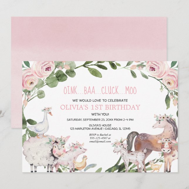 Invitación Animales de granja acuarela chica cumpleaños (Anverso / Reverso)