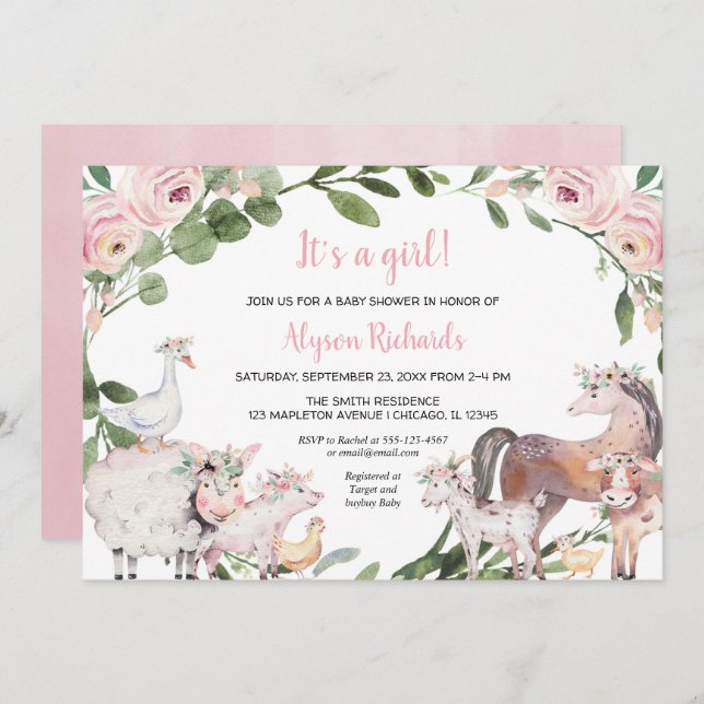 Invitación Animales de granja acuarela chica floral ducha de  (Anverso / Reverso)