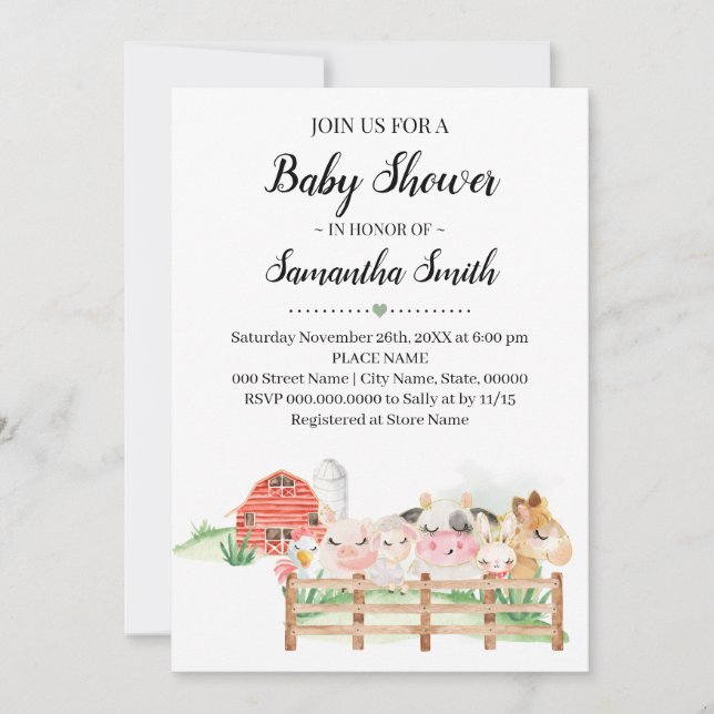 Invitación Animales de granja Animales de Baby Shower Country (Anverso)