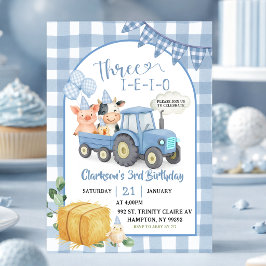 Invitación Animales de granja azules Cumpleaños Three-i-e-i-o