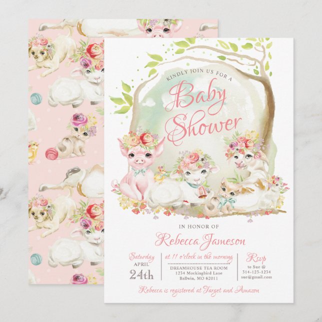 Invitación Animales de granja Baby Shower (Anverso / Reverso)
