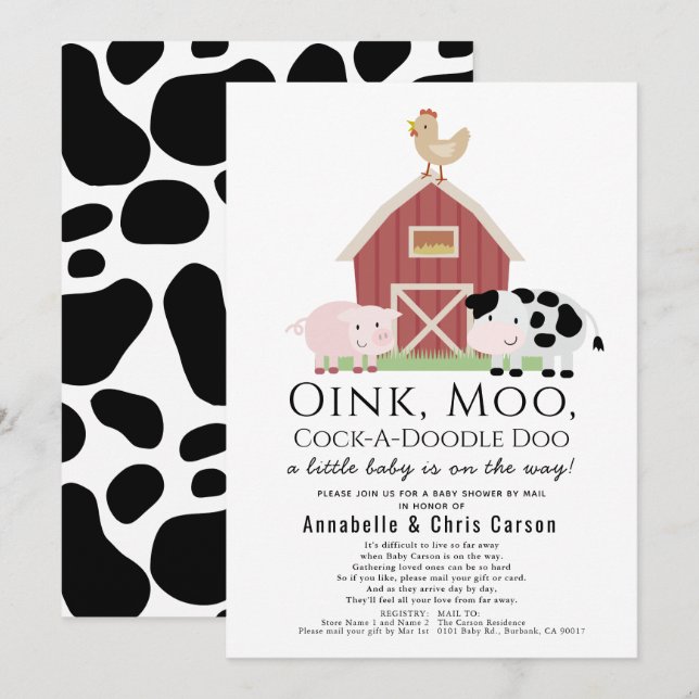 Invitación Animales de granja Barnyard Baby Shower blanco por (Anverso / Reverso)