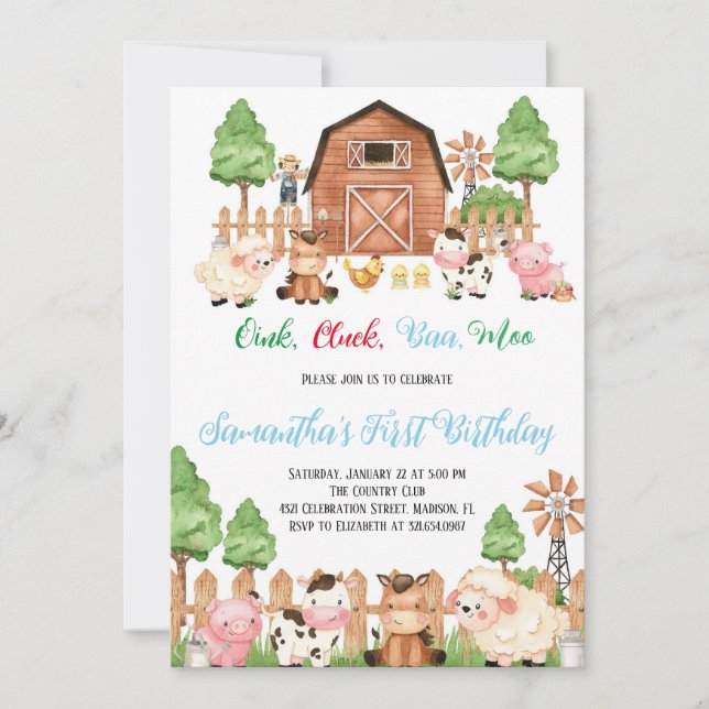 Invitación Animales de granja Barnyard Blue Boy Birthday Part (Anverso)