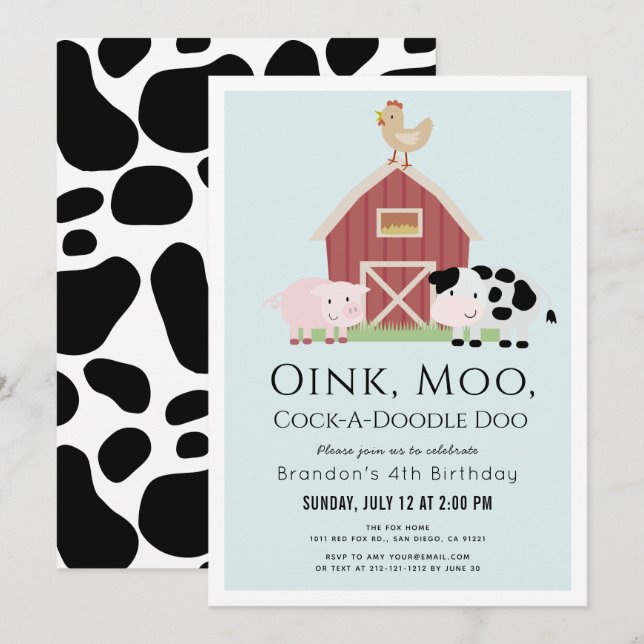 Invitación Animales de granja Barnyard Blue Boy Cumpleaños (Anverso / Reverso)