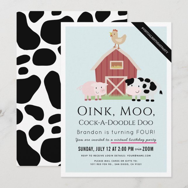 Invitación Animales de granja Barnyard Blue Boy cumpleaños vi (Anverso / Reverso)