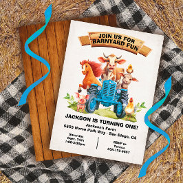 Invitación Animales de granja Barnyard Blue Tractor Cumpleaño