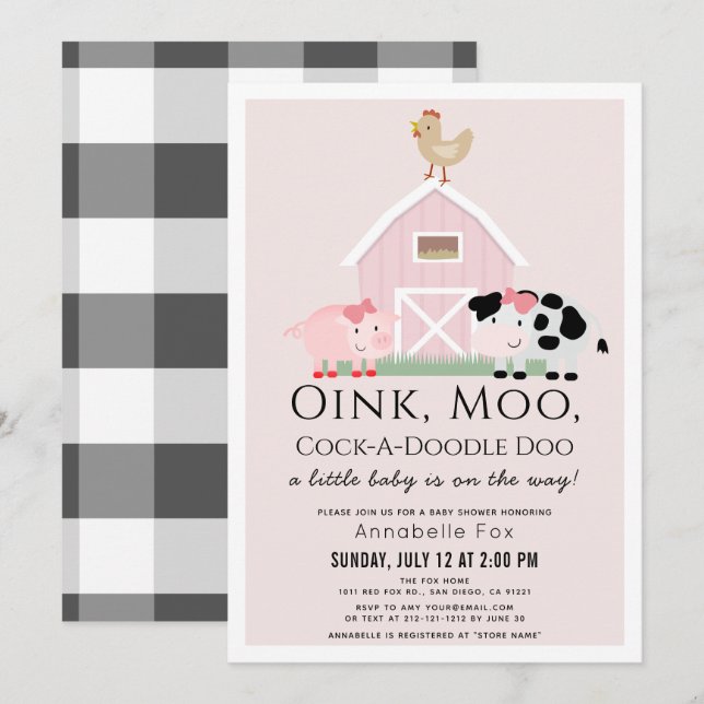 Invitación Animales de granja Barnyard Pink Gingham Baby Show (Anverso / Reverso)
