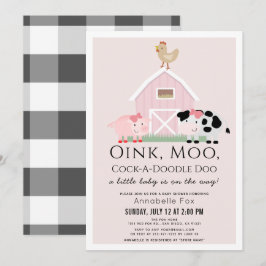 Invitación Animales de granja Barnyard Pink Gingham Baby Show