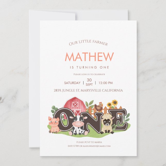 Invitación Animales de granja Barnyard Primer cumpleaños (Anverso)