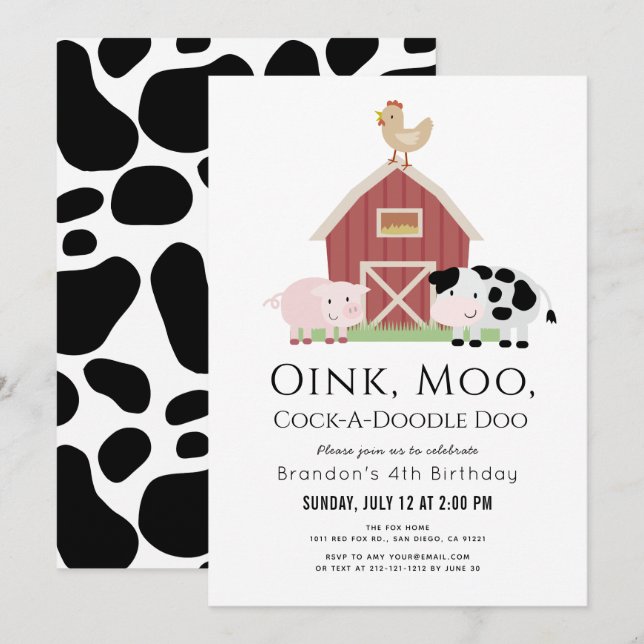 Invitación Animales de granja Barnyard White Birthday (Anverso / Reverso)