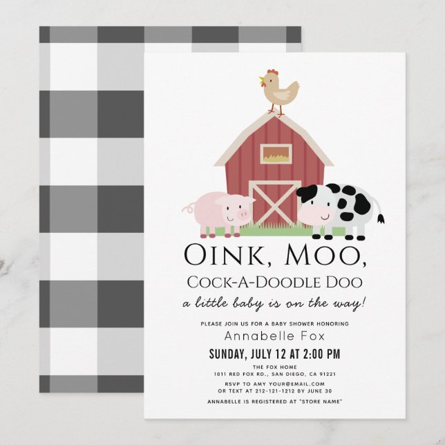 Invitación Animales de granja Barnyard White Gingham Baby Sho (Anverso / Reverso)