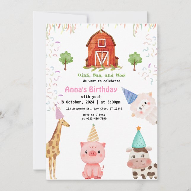 Invitación Animales de granja Chica Gingham Barnyard Birthday (Anverso)