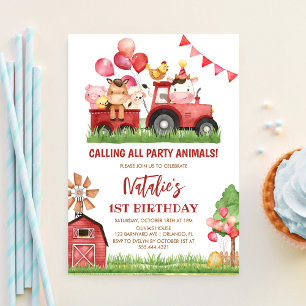 Invitación Animales de granja, corral, cumpleaños de 1 año de