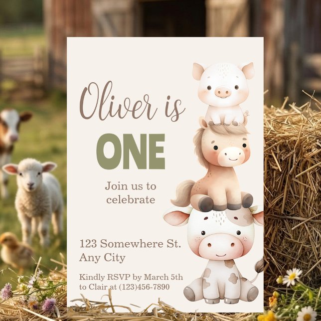 Invitación Animales de Granja Cumpleaños 1er Barnyard Bebé Ni (Farm Animals 1st Birthday Barnyard Baby Boy)