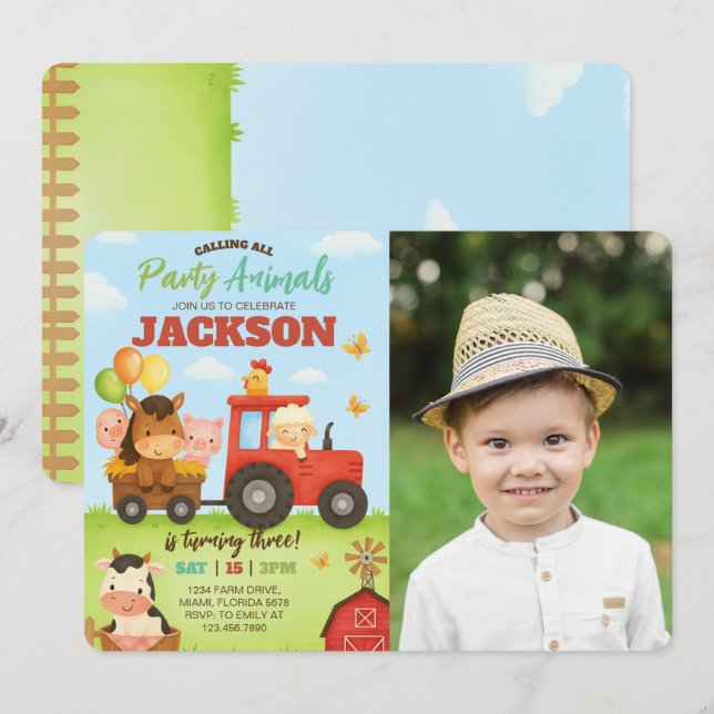 Invitación Animales de granja Cumpleaños de niños Foto (Anverso / Reverso)