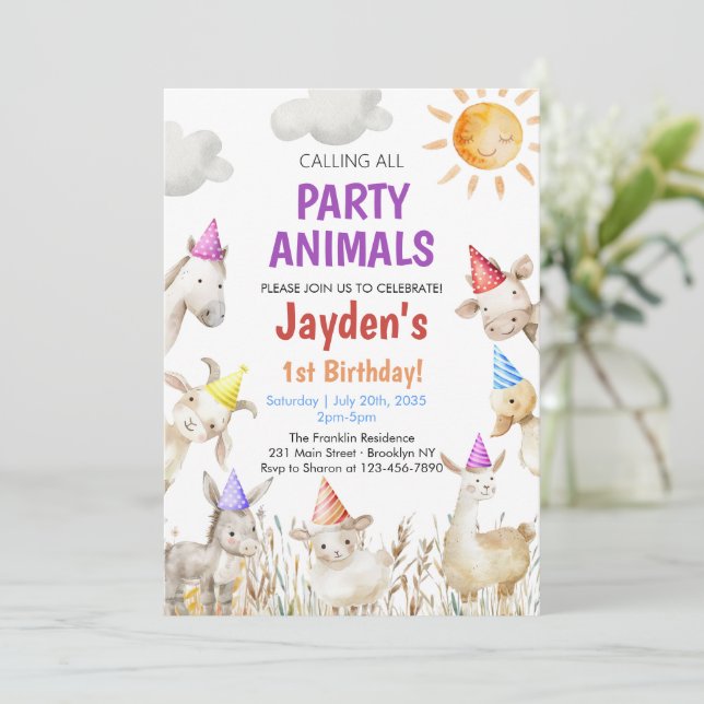 Invitación Animales de granja cumpleaños neutral Corral 1er C (Anverso de pie)