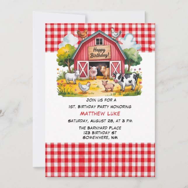 Invitación Animales de Granja Cumpleaños Niño 1er. Cumpleaños (Anverso)