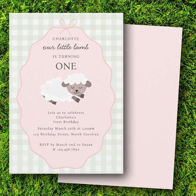 Invitación Animales de granja de cordero Cumpleaños niñas 1er (Lamb Farm Party Animals Girls 1st Birthday Pink Invitation)