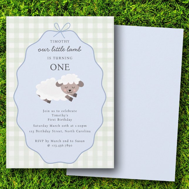 Invitación Animales de granja de corderos Cumpleaños niños 1e (Lamb Farm Party Animals Boys 1st Birthday Blue Invitation)