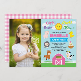 Invitación Animales de granja de corral rosada 1er cumpleaños