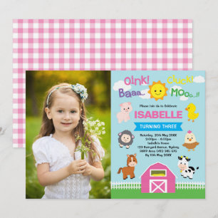 Invitación Animales de granja de corral rosada 1er cumpleaños