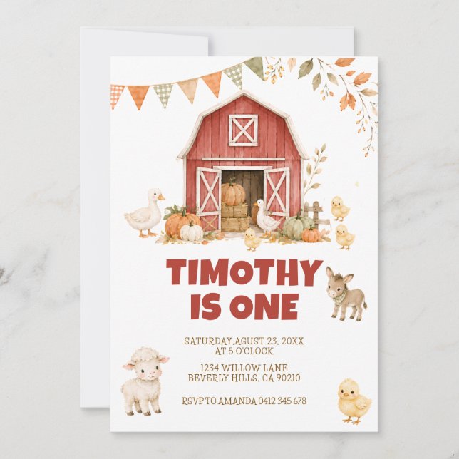 Invitación Animales de granja de otoño cumpleaños 1 Barnyard  (Anverso)