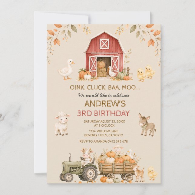 Invitación Animales de granja de otoño cumpleaños 3 (Anverso)