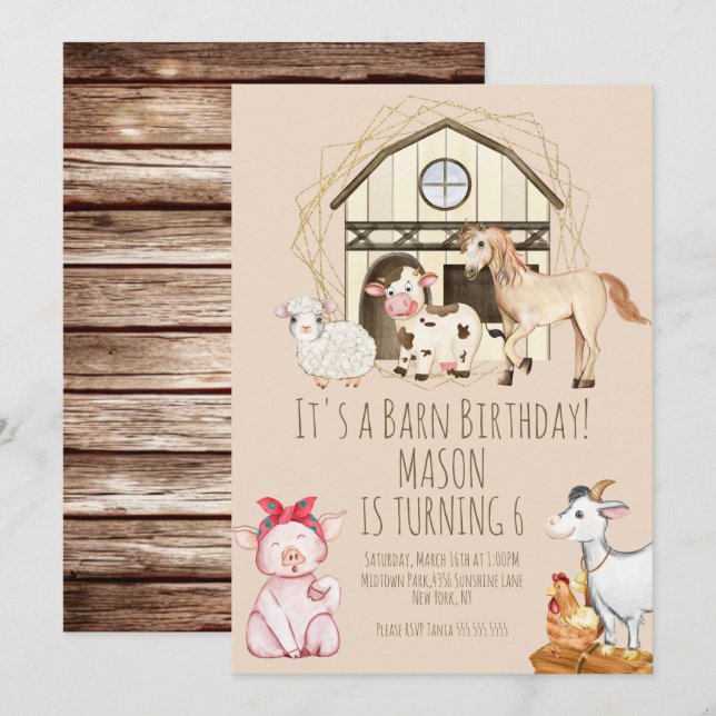 Invitación Animales de granja de vaquero al agua Cumpleaños (Anverso / Reverso)