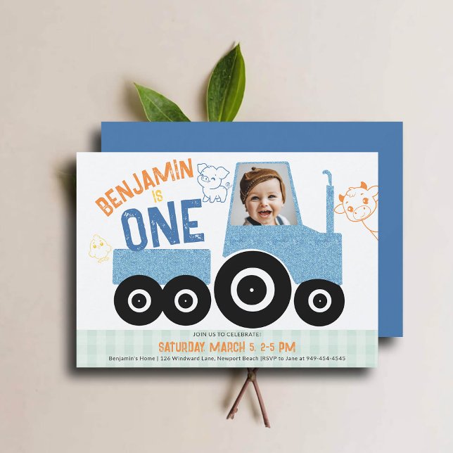 Invitación Animales de granja Denim Tractor Cute Foto Primer  (farm tractor birthday invitation 1st first boy photo animals barnyard cute illustration denim blue)