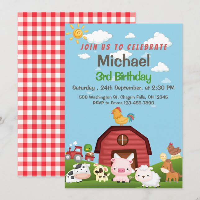 Invitación Animales de granja Invitat de cumpleaños Red Gingh (Anverso / Reverso)