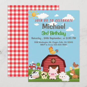 Invitación Animales de granja Invitat de cumpleaños Red Gingh