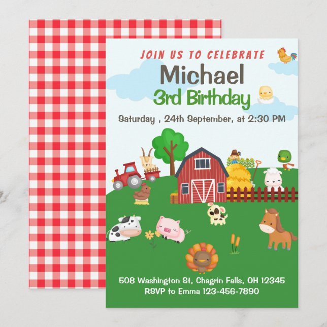Invitación Animales de granja Invitat de cumpleaños Red Gingh (Anverso / Reverso)