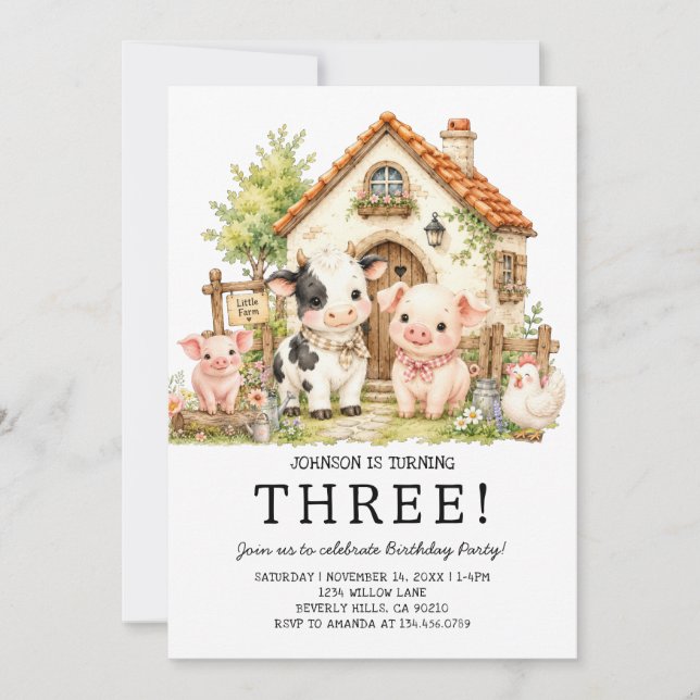 Invitación Animales de granja lindos cumpleaños infantil (Anverso)