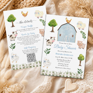 Invitación Animales de granja lindos en un solo baby shower