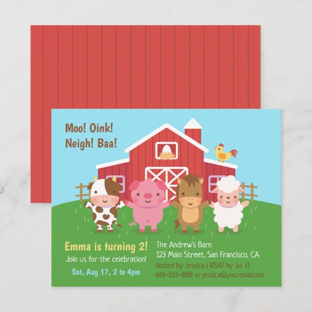 Invitación Animales de granja lindos para cumpleaños de niños (Anverso / Reverso)