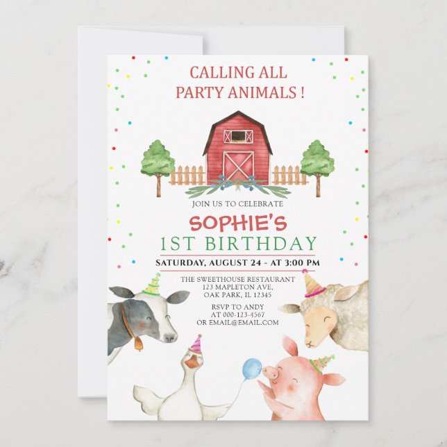 Invitación Animales de granja minimalistas Día de cumpleaños  (Anverso)