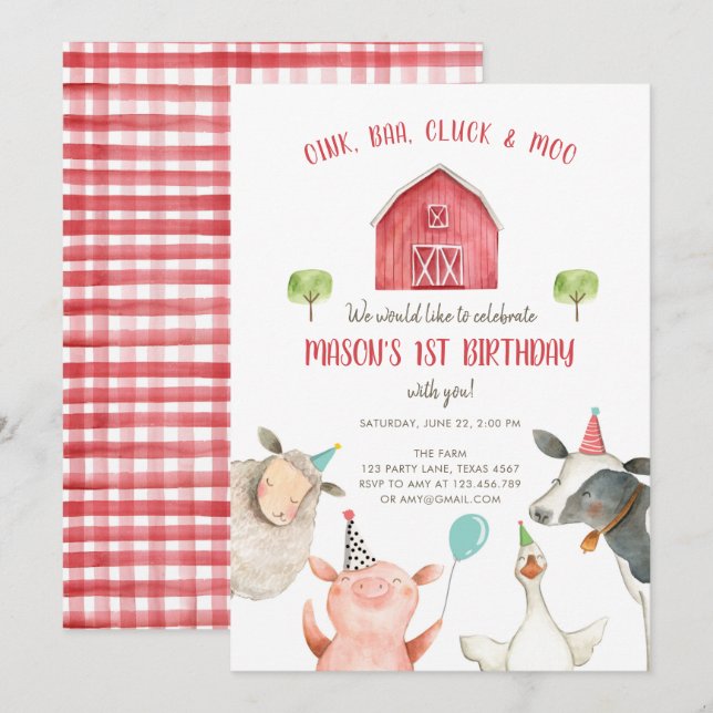 Invitación Animales de granja Niño Red Gingham Barnyard Cumpl (Anverso / Reverso)