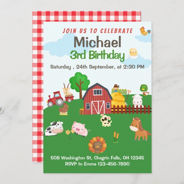 Invitación Animales de granja Red Gingham Barnyard Birthday (Anverso / Reverso)