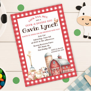 Invitación Animales de granja rojos, fiesta de cumpleaños de