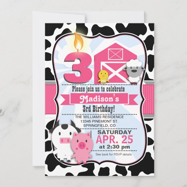 Invitación Animales de granja rosada y negra, fiesta de cumpl (Anverso)