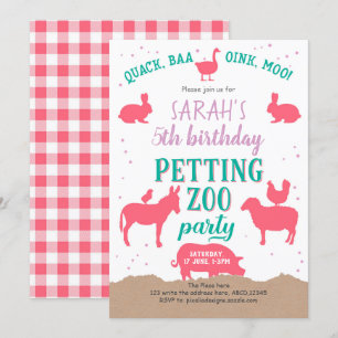 Invitación Animales de granja rosados, Chicas, cumpleaños del